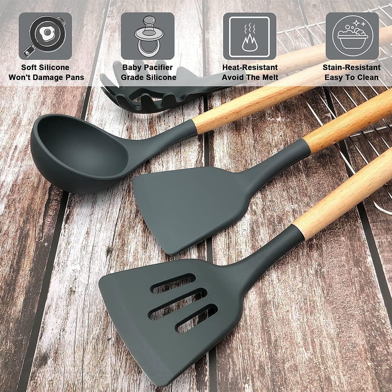 WOW HUT™ 12-Piece Silicone & Wooden Spatula Spoon Set
