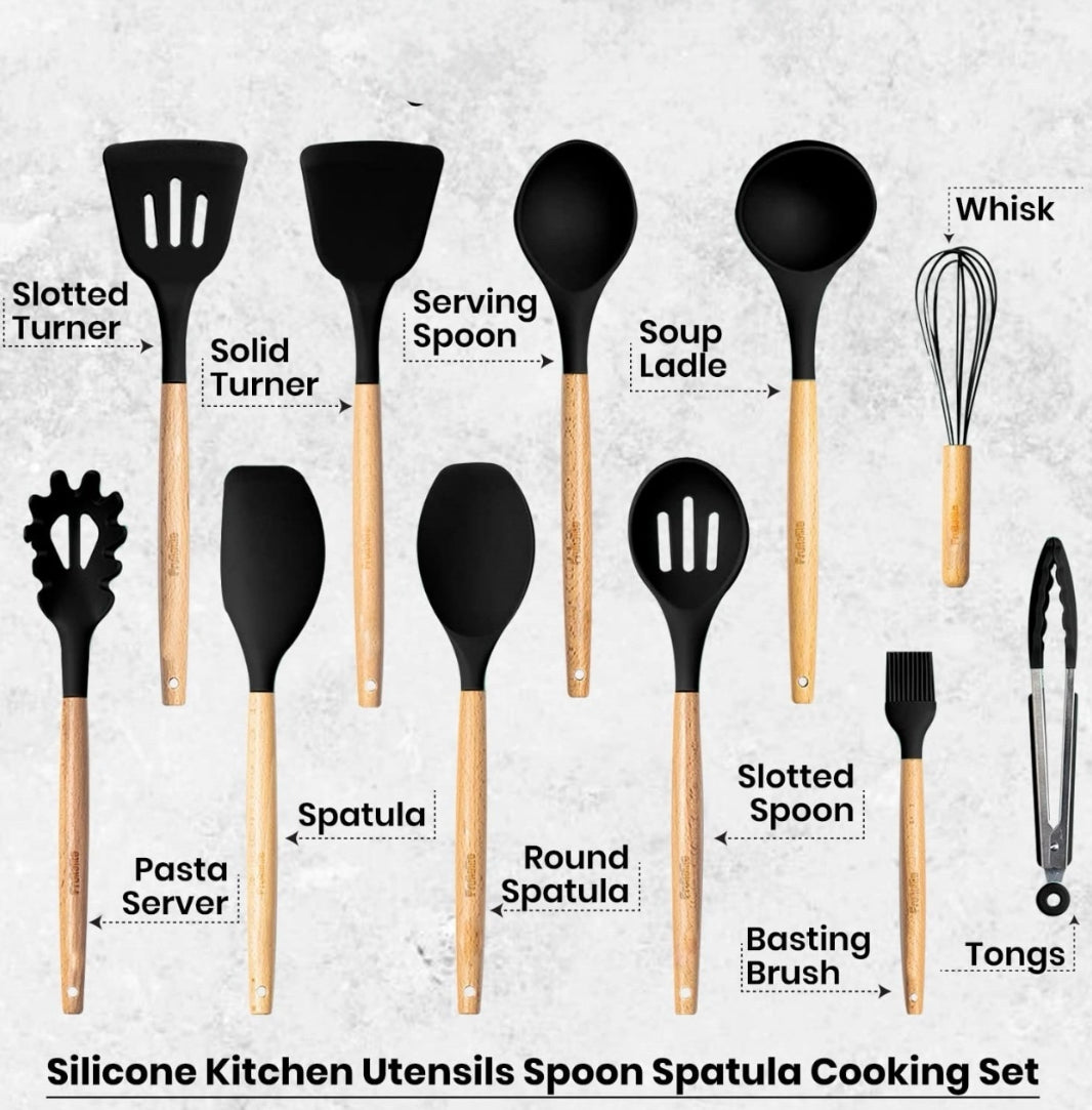 WOW HUT™ 12-Piece Silicone & Wooden Spatula Spoon Set